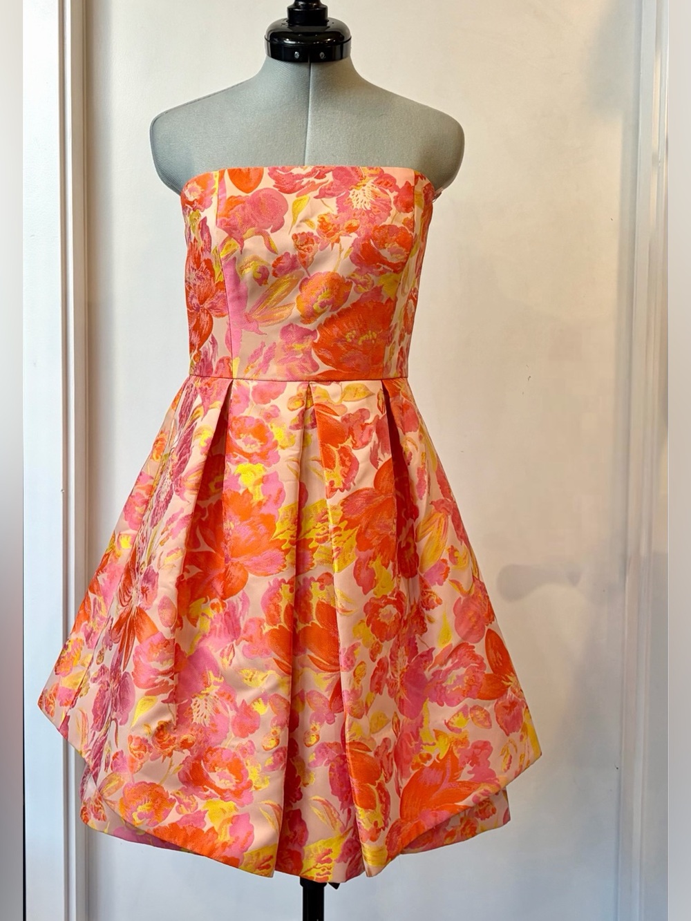 Trina Turk Floral Strapless Double Skirted Cocktail Dress, pink-orange, 2, EUC